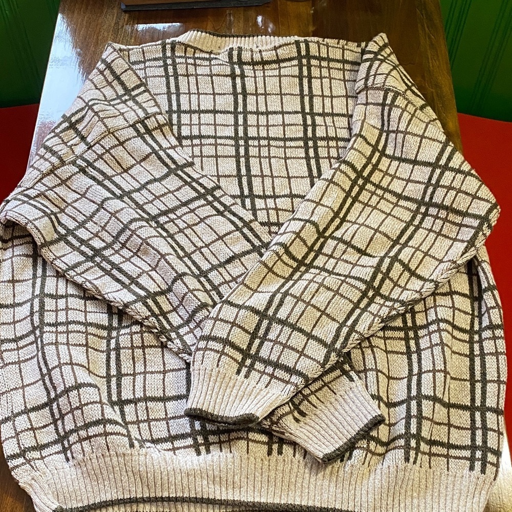 Liberty Beige and Dark Brown Plaid Crewneck Sweater - Picture 4 of 4